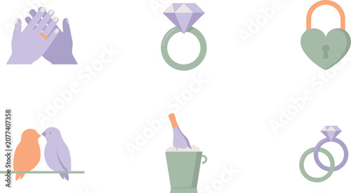 Wedding and Romance Pastel Icon Set Featuring Holding Hands Diamond Ring Heart Padlock Love Birds Champagne Bucket and Interlocking Wedding Bands
