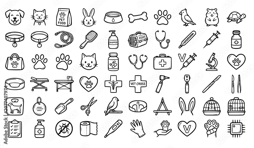Naklejka premium Pet Care and Veterinary Outline Icon Set with Animal Accessories, Medical Tools, and Grooming Symbols for Pet Shop Designs