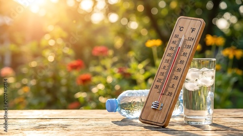 Wooden thermometer showing high temperature in sunny garden with glass of water and plastic bottle, hot summer day concept.