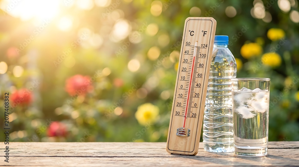 Naklejka premium Thermometer showing high temperature outdoors on wooden table with refreshing cold water bottles and ice cubes glass reflecting bright sun summer heat outdoors blurred flowers and green leaves.