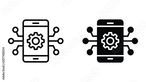 Smartphone mobile technology configuration icon set featuring gear settings symbol with network nodes in outline and solid black vector style for system maintenance and mobile app optimization
