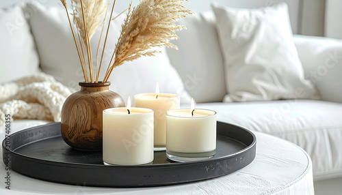 Cozy Living Room Decor with Candles and Dried Flowers