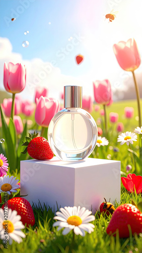 Perfume Bottle with Strawberries and Flowers in a Bright Garden Scene