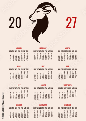 2027 Calendar. 2027 vertical Calendar layout with abstract 2027 Zodiac Animal. Vector illustration of black goat silhouette isolated beige background. EPS 10