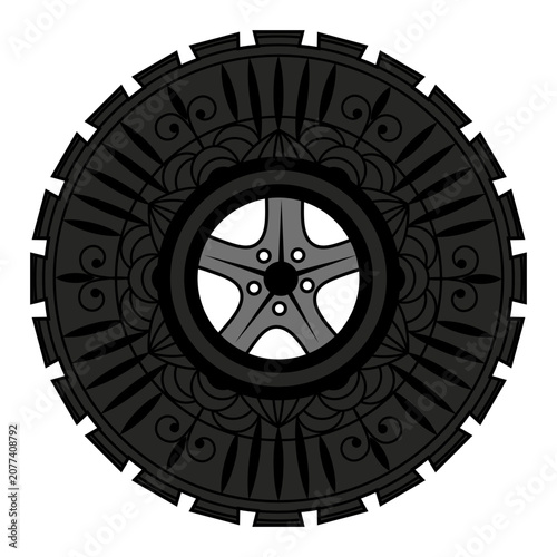 Creative Spare Tire from truck. Vector illustration of geometric Spare Wheel design with indian Mandala ornament isolated transparent background. Perfect for Tire service logo design in India. EPS 10