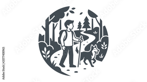 Obraz na plátně Man hiking with dog outdoors.