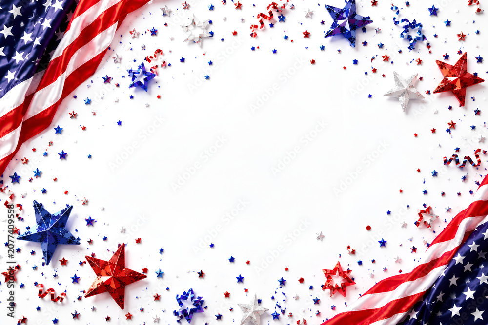 Obraz premium Close up folded American flag on aged slate tile with condensation beads and backlit rim light emphasizing star cluster for Independence Day