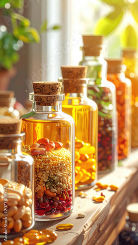 Colorful glass bottles filled with herbal and spice infusions on a sunny windowsill