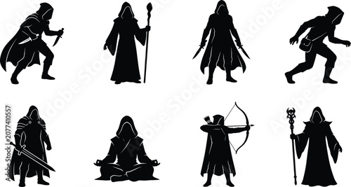 Fotografía Fantasy character silhouettes with warriors, mages, rogues, and archers in dynam
