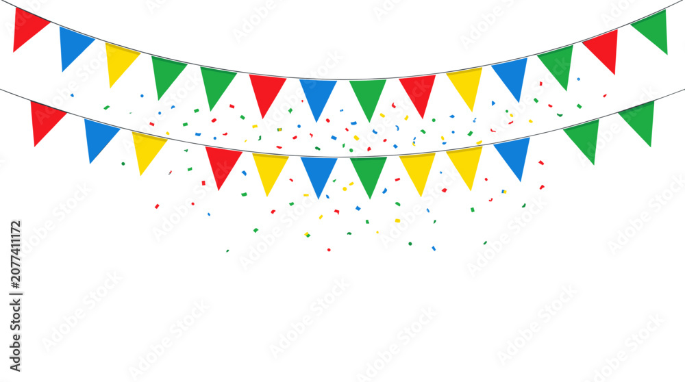 Obraz premium Colorful Party Bunting with Confetti Falling Against White Background