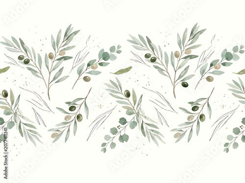 Minimalist Olive Branch Illustration with Leaves and Olives on White Background