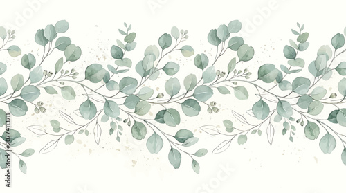 Delicate Minimalist Eucalyptus Branch Pattern in Soft Green Watercolor Style
