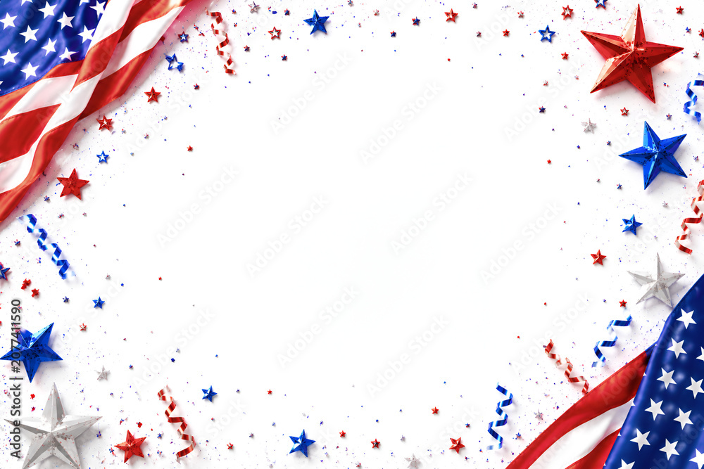 Obraz premium Macro close up of folded American flag on salt stained dock wood glowing with warm sunset light showing intricate folds and star pattern for Independence Day