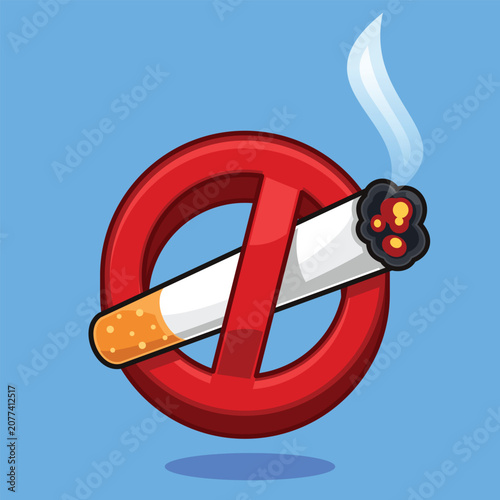 No smoking sign with burning cigarette cartoon vector isolated on white background.