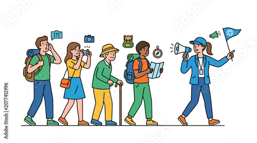 Tourist guide leading travelers on vacation.