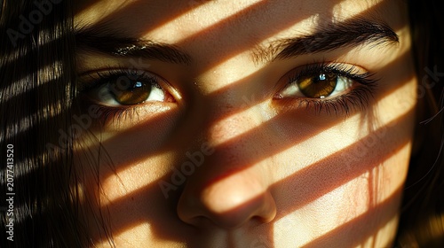 Close up eyes portrait sunlight shadow warm skin tone texture woman face