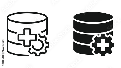 Database server storage with gear cogwheel and plus sign for medical system maintenance and optimization as vector icon set in linear and solid black styles isolated on white background