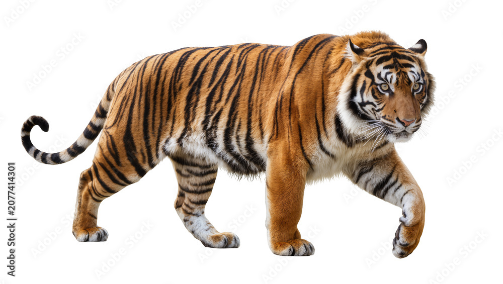 Obraz premium Bengal tiger walking full body, orange and black stripes