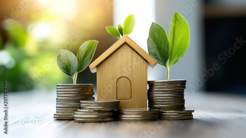 Golden house model with growing plants and coin stacks