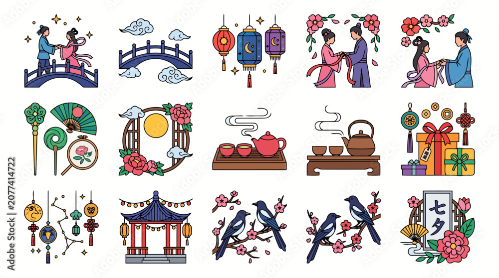 Naklejka premium Chinese Mid Autumn Festival Flat Vector Icon Set with Mooncake Lantern Rabbit Pagoda Floral Elements and Traditional Asian Culture Collection