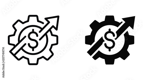 Financial optimization mechanical gear icon set with upward trend arrow and dollar symbol for business efficiency and industrial growth concepts in clean vector graphic style for professional use