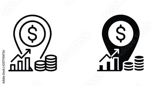 Financial location and profit growth icon set with map pin and coin stacks in outline and solid glyph styles for business expansion and investment tracking apps on light grey background