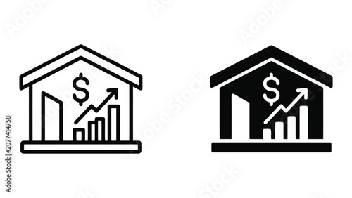 Financial bank building and economic growth icon set with upward arrow chart in outline and solid glyph styles for banking and investment services web design isolated on light grey background