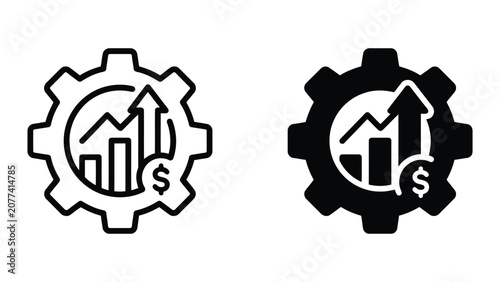 Minimalist gear icon representing financial growth and business optimization strategies with rising bar chart and dollar sign symbol in black and white vector graphic style for corporate branding
