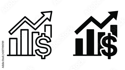 Professional bar chart icon with rising arrow and dollar sign symbol in clean outline and solid black vector styles for financial reporting and market analysis presentation materials