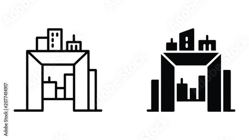 Urban architectural building skyline icon set featuring outline and solid glyph variations for commercial real estate development and city planning concepts presented on a neutral grey backdrop