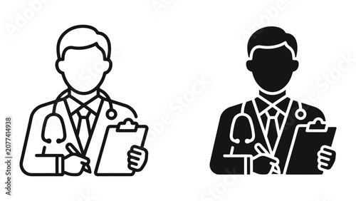 Professional doctor with clipboard icon set showing physician taking notes and medical diagnosis for healthcare services and patient consultation in clean modern vector graphic design style for web