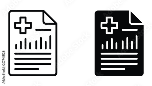 Medical document icon set featuring line art and solid black glyph paper sheets with healthcare cross symbol and data statistics for hospital records or clinical patient information management