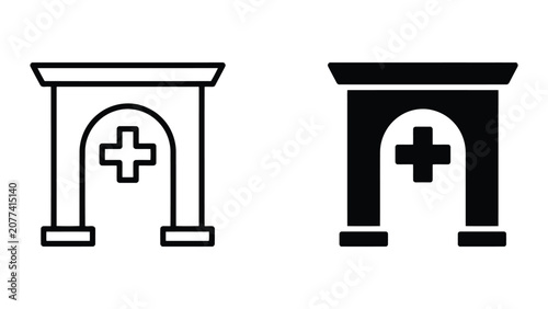 Medical arch entrance icon representing hospital gateway and healthcare facility architecture for signage and wayfinding systems in clinics and medical centers professional design projects
