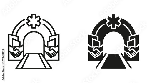 Medical tunnel connection icon representing bridge between healthcare providers and patients for community health outreach and collaborative emergency response medical service coordination