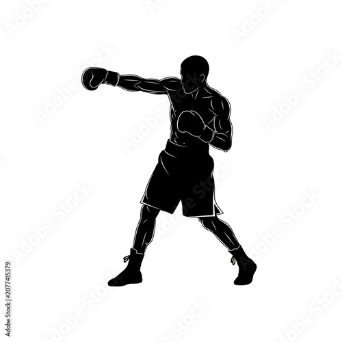 Black Silhouette of Male Boxer in Fighting Stance Throwing Left Jab Punch Combat Sport Boxing Training Athletic Fitness Action Pose Illustration