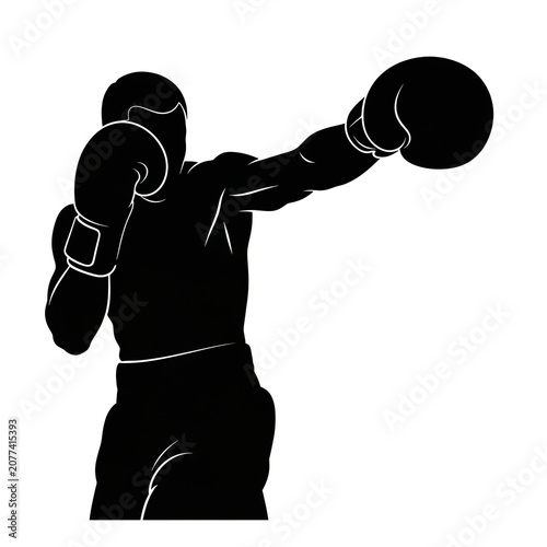 Black Silhouette of Male Boxer Throwing Powerful Punch Hook Training Combat Sport Boxing Fitness Athletic Workout Exercise Action Pose Illustration