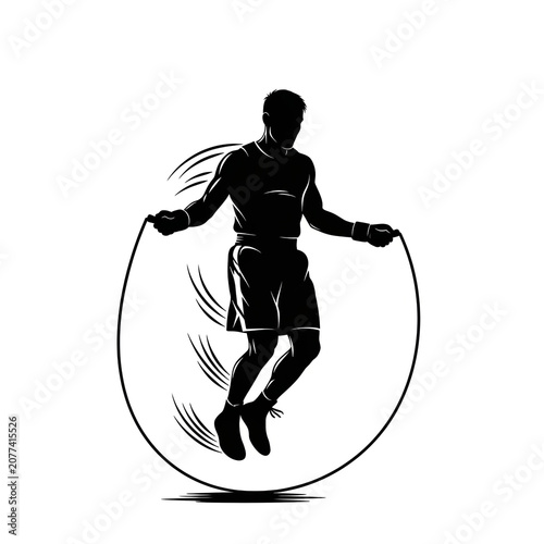 Black Silhouette of Male Boxer Athlete Jumping Rope with Dynamic Circular Motion Combat Sport Cardio Fitness Training Exercise Workout Illustration