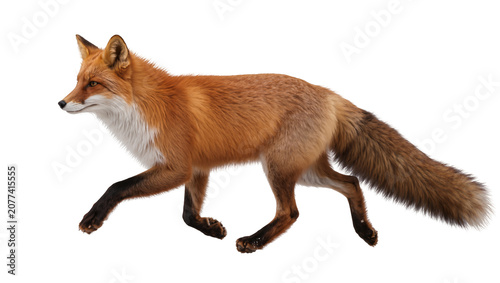 Fotografie Red fox running with bushy tail and white chest
