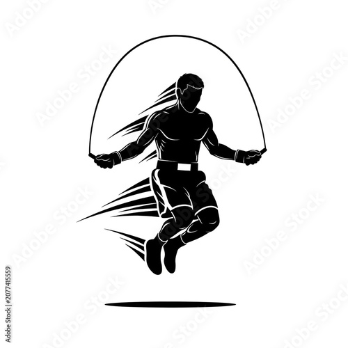 Black Silhouette of Male Boxer Athlete Jump Rope Training Exercise Combat Sport Fitness Workout Athletic Illustration