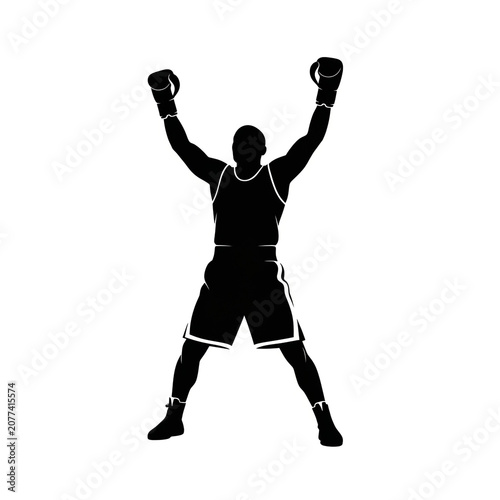 Black Silhouette of Athletic Female Kickboxer Raising Arms in Triumphant Victory Pose After Combat Win Women Sport Champion Illustration