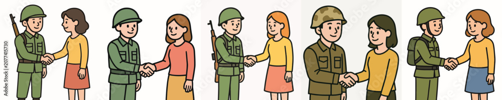 Fototapeta premium Set of vector illustrations showing a soldier shaking hands with a woman.