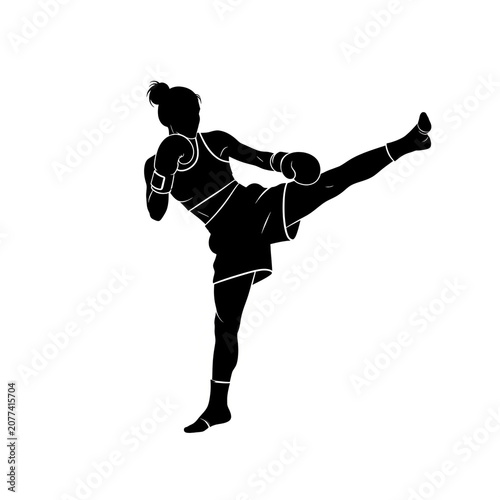 Black Silhouette of Athletic Female Kickboxer Delivering Powerful High Kick in Action Pose, Women Martial Arts Combat Sport Training Illustration