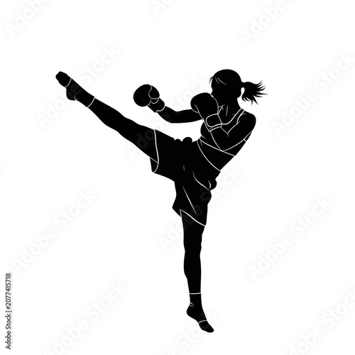Black Silhouette of Female Martial Artist Performing Side High Kick with Ponytail, Athletic Woman Kickboxer Dynamic Combat Sport Illustration