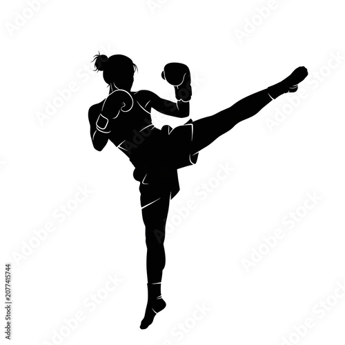 Black Silhouette of Two Female Kickboxers Fighting with High Kick Attack, Dynamic Women Martial Arts Combat Sport Action Illustration