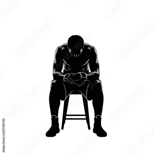 Black Silhouette of Male Boxer Sitting on Corner Stool Resting with Boxing Gloves on Knees, Sport Combat Fighter Between Rounds Illustration
