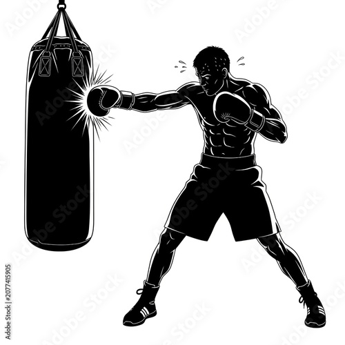 Black Silhouette of Boxer Delivering Powerful Punch to Heavy Bag with Impact Effect, Boxing Gym Workout Fitness Training Sport Illustration