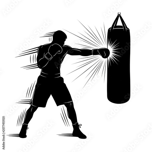 Black Silhouette of Male Boxer Punching Heavy Bag with Explosive Impact Effect, Boxing Gym Training Sport Fitness Action Illustration