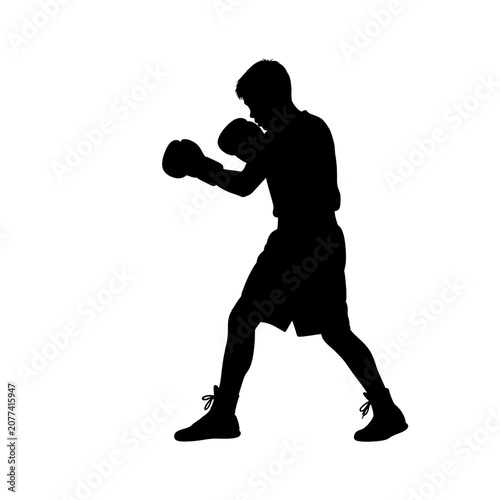Black Silhouette of Male Boxer Stepping Forward with Powerful Cross Punch, Athletic Fighter in Offensive Combat Boxing Sport Training Illustration