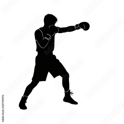 Black Silhouette of Male Boxer Throwing Extended Straight Punch Jab, Athletic Fighter in Aggressive Offensive Stance, Boxing Sport Illustration