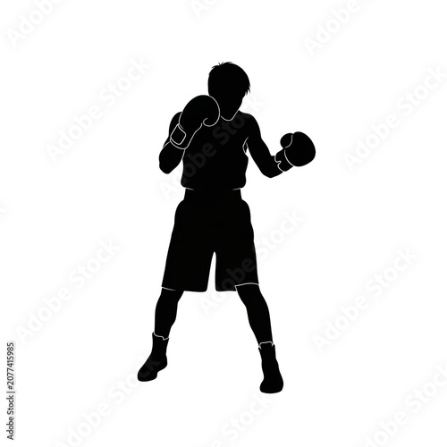 Black Silhouette of Young Male Boxer in Defensive Guard Stance, Athletic Fighter Ready for Combat, Boxing Sport Training Action Illustration